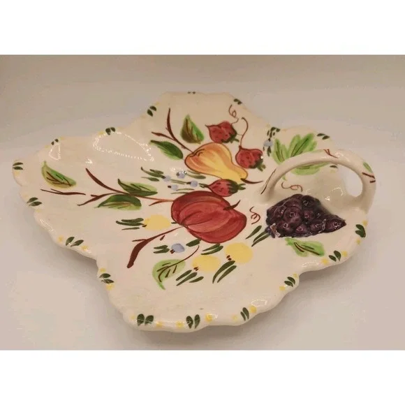 Blue Ridge Handpainted Southern Potteries 10" Leaf Shaped‎ Handled Plate Fruit - Picture 5 of 8